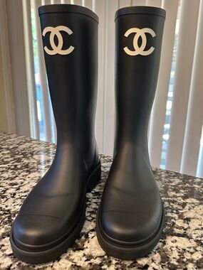 CHANEL Black Rain Boots with White CC Logo